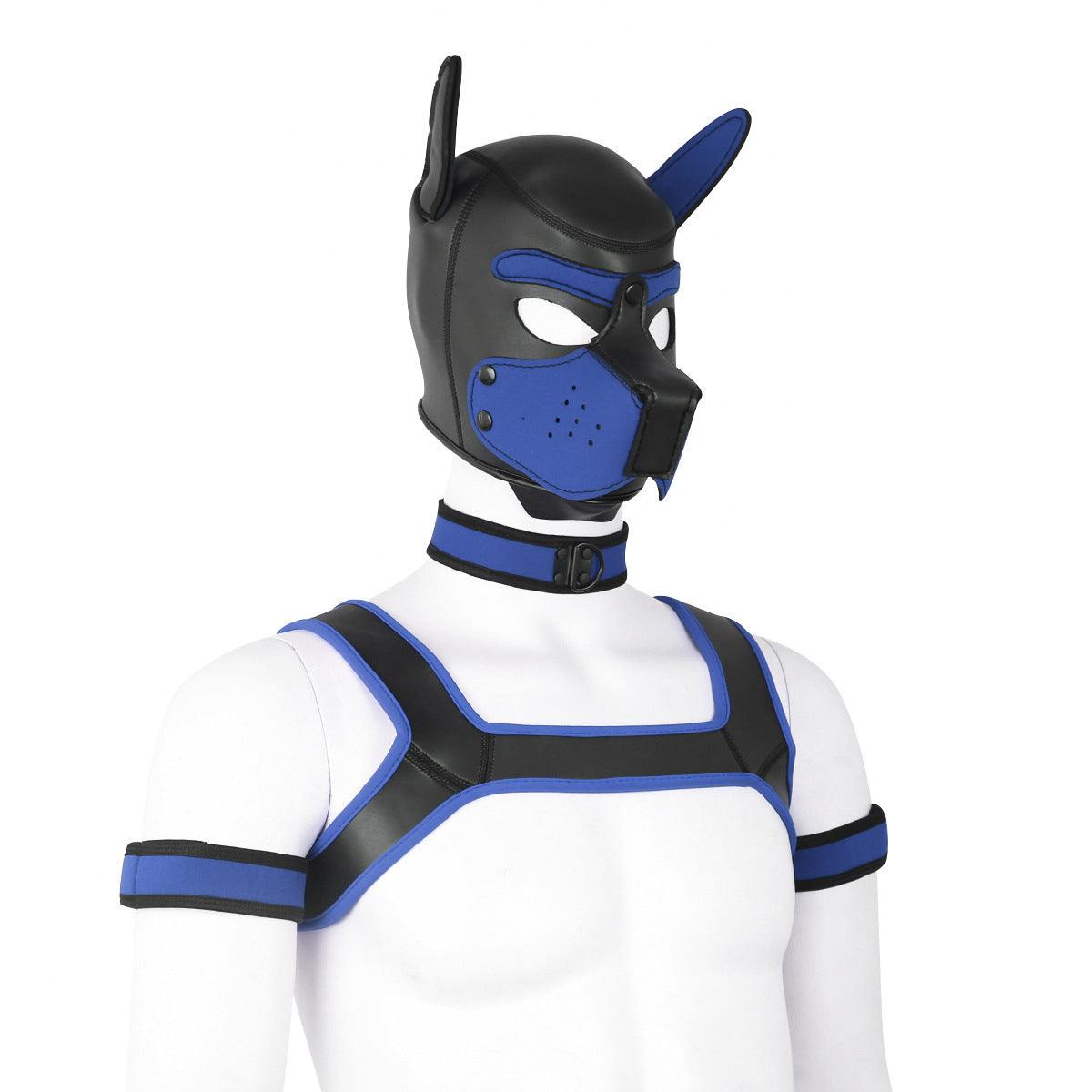 Adults Neoprene Puppy Hood Mask with Collar, Removable Cosplay Dog Full Face Pup Hood Mask BLUE