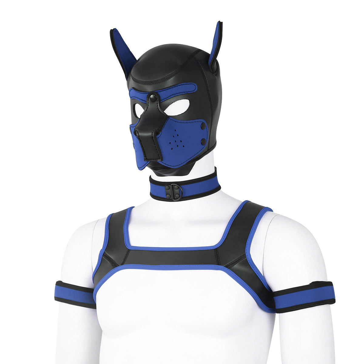Adults Neoprene Puppy Hood Mask with Collar, Removable Cosplay Dog Full Face Pup Hood Mask BLUE