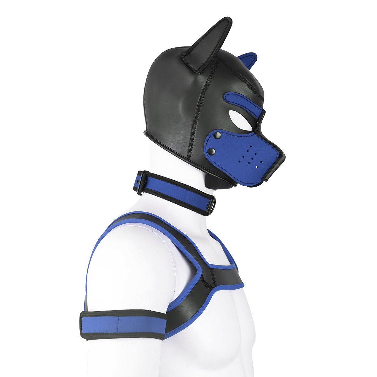 Adults Neoprene Puppy Hood Mask with Collar, Removable Cosplay Dog Full Face Pup Hood Mask BLUE
