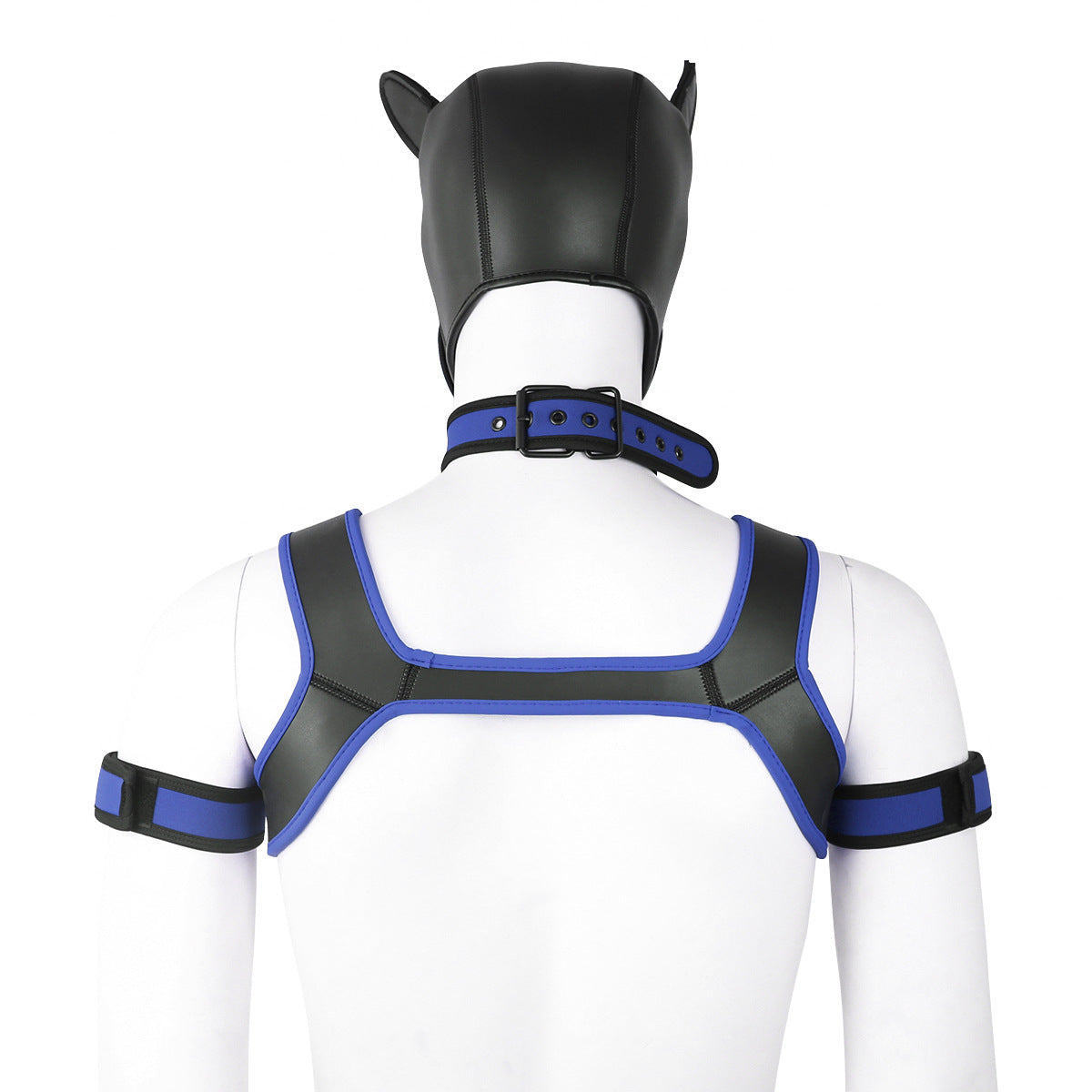 Adults Neoprene Puppy Hood Mask with Collar, Removable Cosplay Dog Full Face Pup Hood Mask BLUE