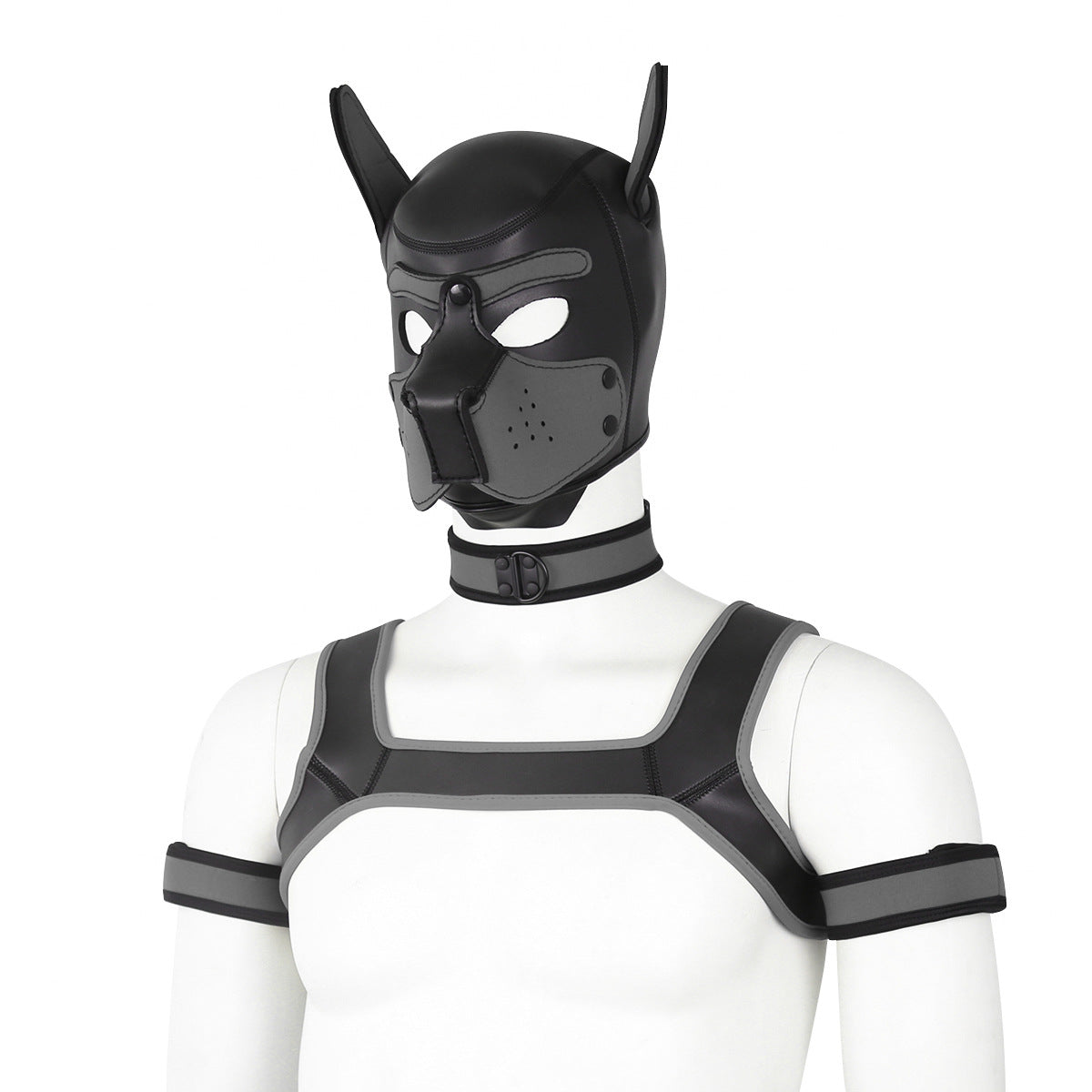 Adults Neoprene Puppy Hood Mask with Collar, Removable Cosplay Dog Full Face Pup Hood Mask GREY