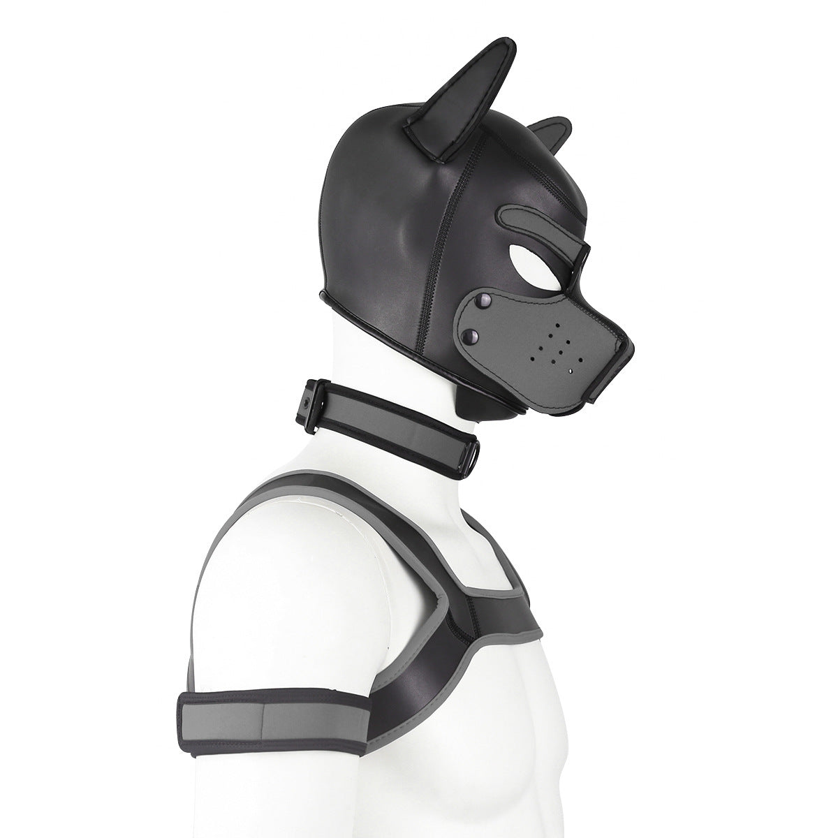 Adults Neoprene Puppy Hood Mask with Collar, Removable Cosplay Dog Full Face Pup Hood Mask GREY