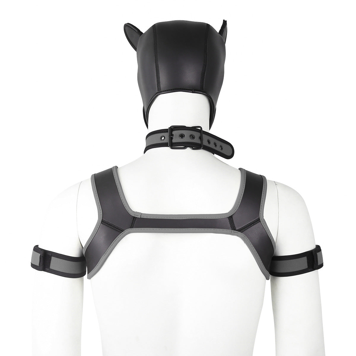 Adults Neoprene Puppy Hood Mask with Collar, Removable Cosplay Dog Full Face Pup Hood Mask GREY