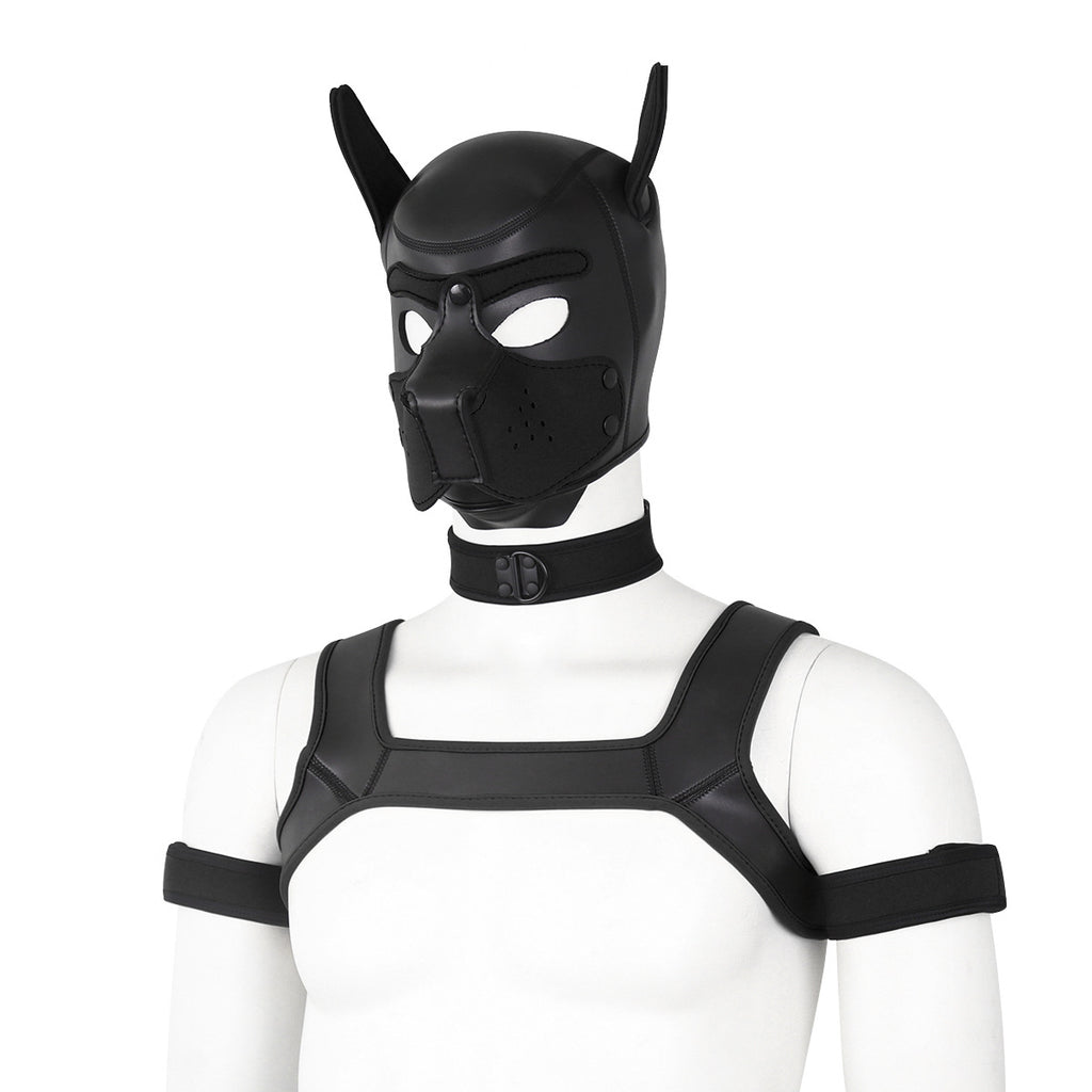 Adults Neoprene Puppy Hood Mask with Collar, Removable Cosplay Dog Full Face Pup Hood Mask BLACK