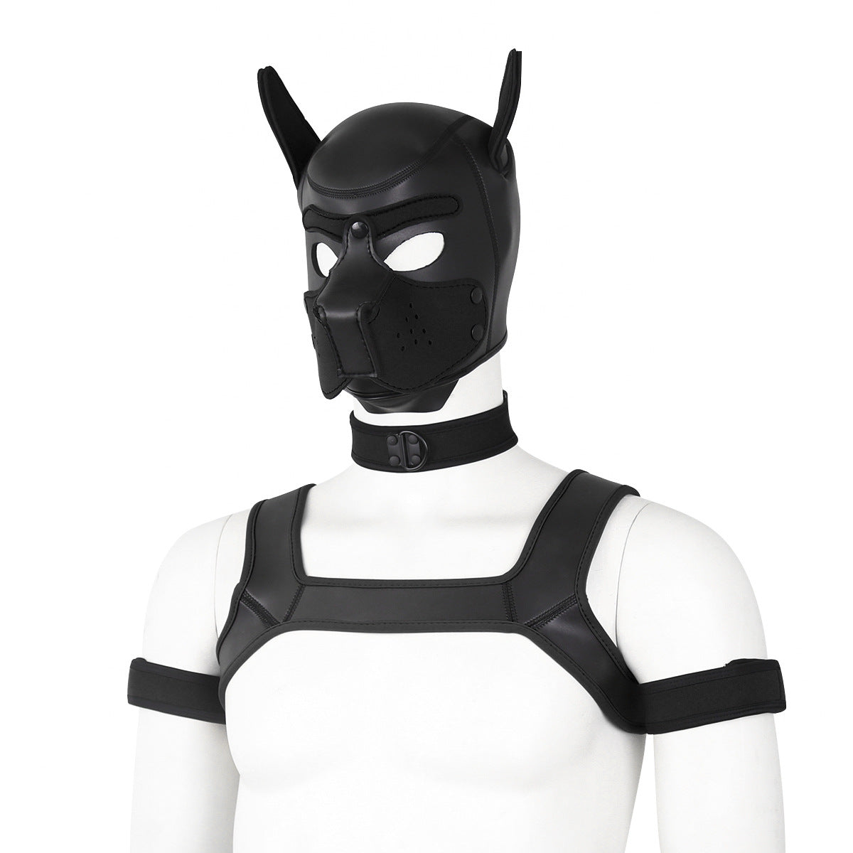 Adults Neoprene Puppy Hood Mask with Collar, Removable Cosplay Dog Full Face Pup Hood Mask BLACK