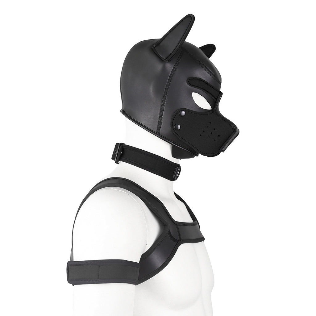 Adults Neoprene Puppy Hood Mask with Collar, Removable Cosplay Dog Full Face Pup Hood Mask BLACK