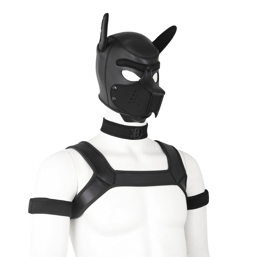 Adults Neoprene Puppy Hood Mask with Collar, Removable Cosplay Dog Full Face Pup Hood Mask BLACK