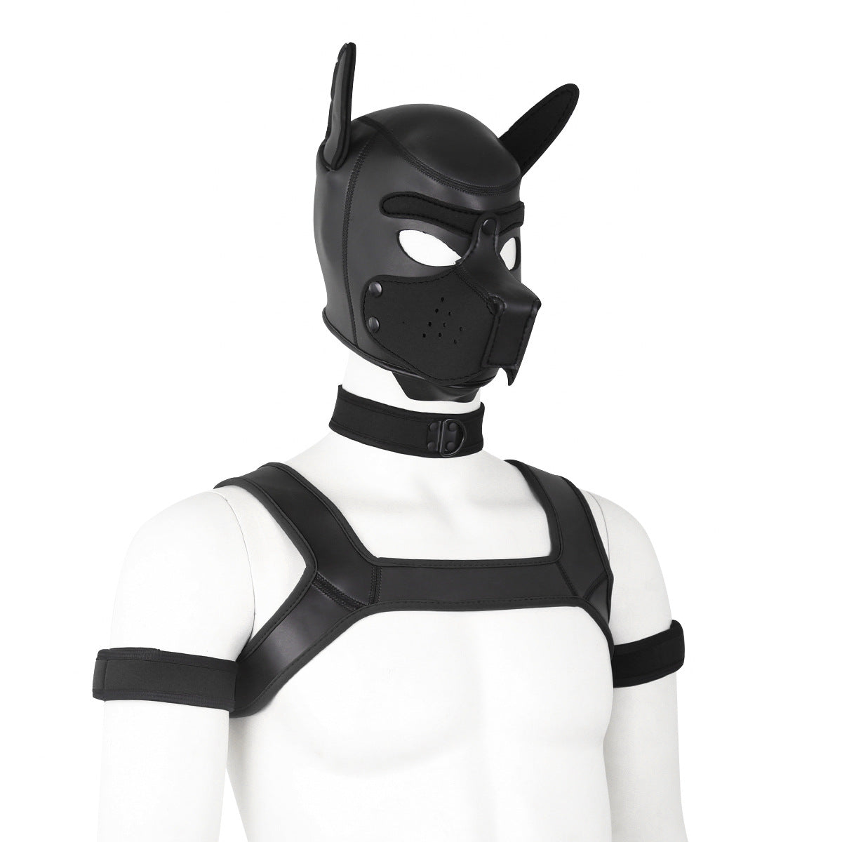 Adults Neoprene Puppy Hood Mask with Collar, Removable Cosplay Dog Full Face Pup Hood Mask BLACK