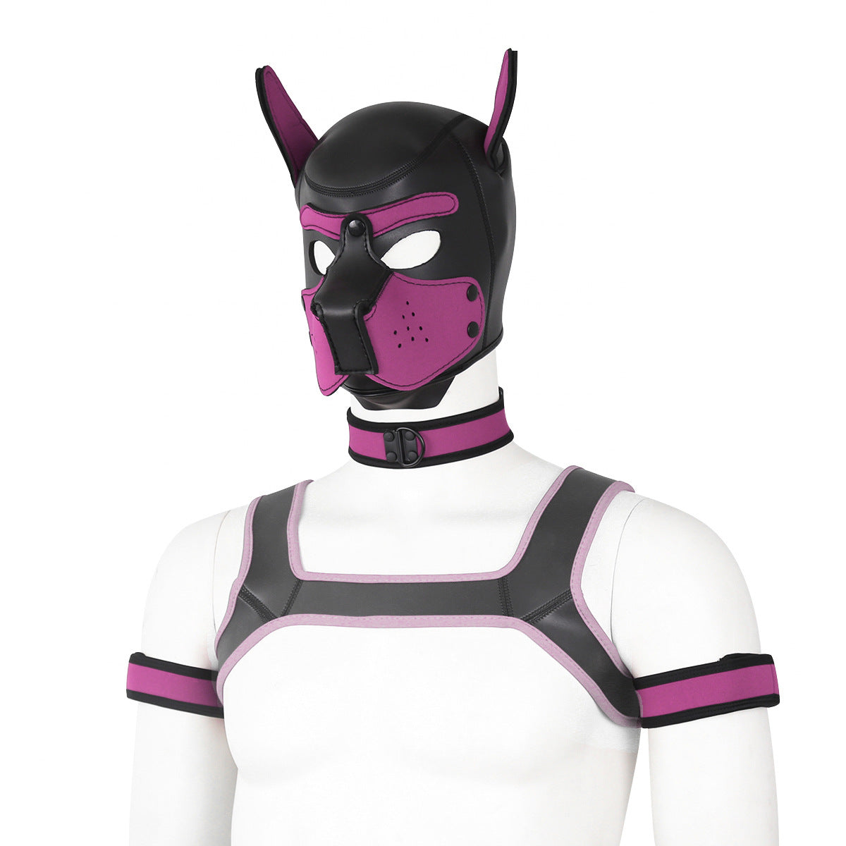 Adults Neoprene Puppy Hood Mask with Collar, Removable Cosplay Dog Full Face Pup Hood Mask PINK