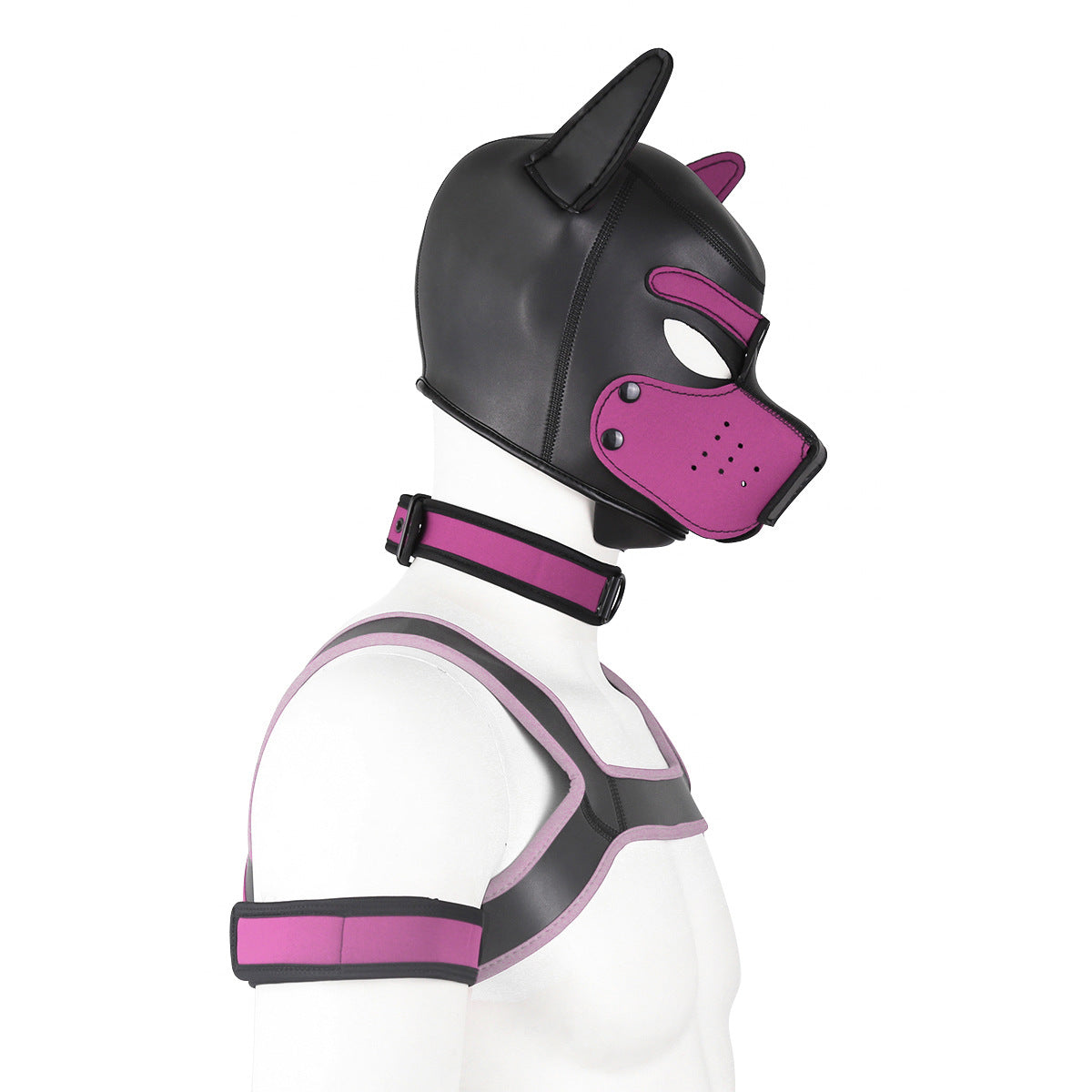 Adults Neoprene Puppy Hood Mask with Collar, Removable Cosplay Dog Full Face Pup Hood Mask PINK