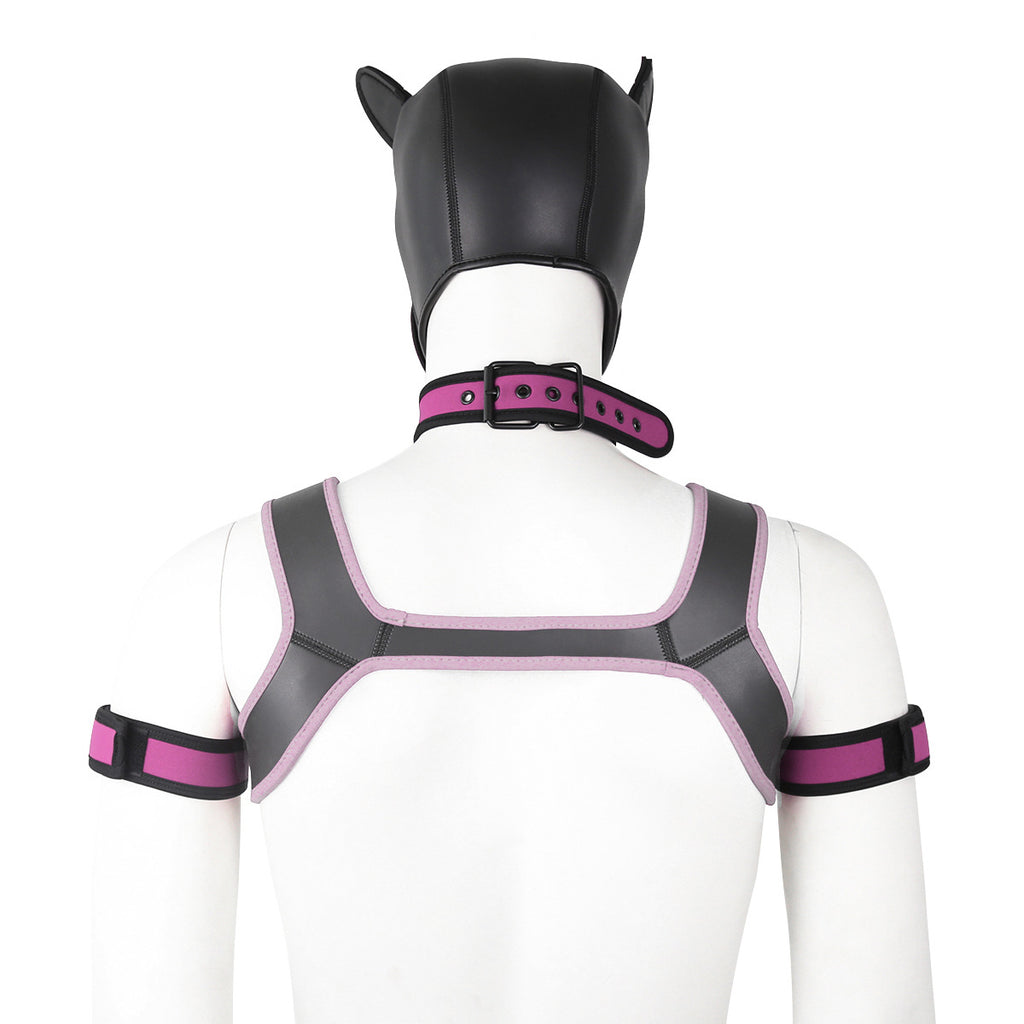 Adults Neoprene Puppy Hood Mask with Collar, Removable Cosplay Dog Full Face Pup Hood Mask PINK