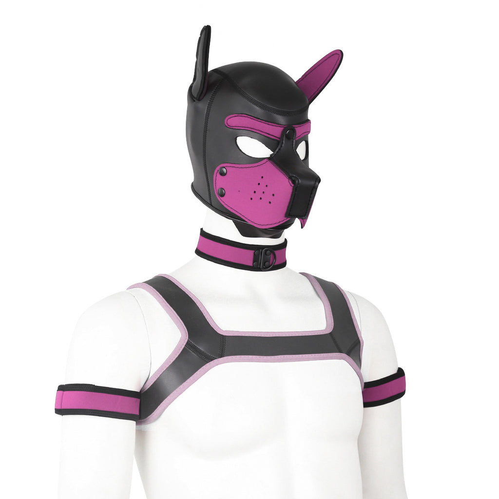 Adults Neoprene Puppy Hood Mask with Collar, Removable Cosplay Dog Full Face Pup Hood Mask PINK