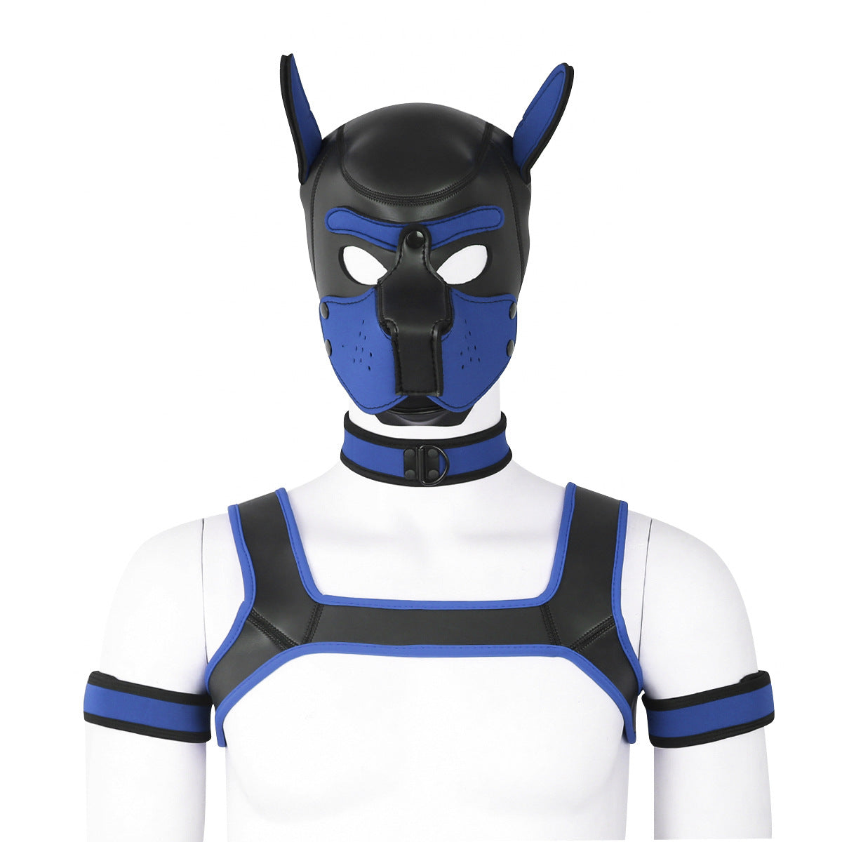 Adults Neoprene Puppy Hood Mask with Collar, Removable Cosplay Dog Full Face Pup Hood Mask BLUE