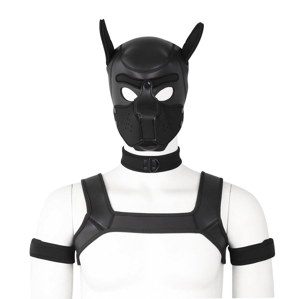 Adults Neoprene Puppy Hood Mask with Collar, Removable Cosplay Dog Full Face Pup Hood Mask BLACK