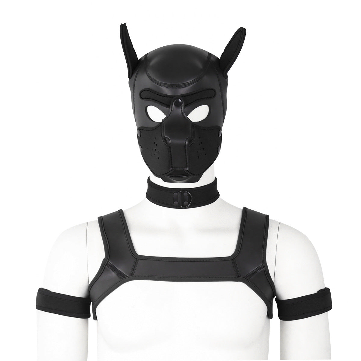 Adults Neoprene Puppy Hood Mask with Collar, Removable Cosplay Dog Full Face Pup Hood Mask BLACK