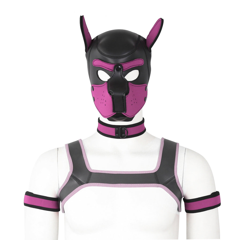 Adults Neoprene Puppy Hood Mask with Collar, Removable Cosplay Dog Full Face Pup Hood Mask PINK