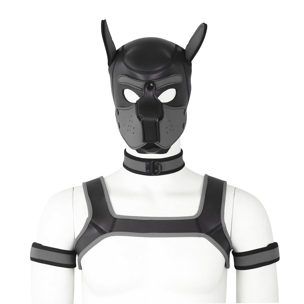 Adults Neoprene Puppy Hood Mask with Collar, Removable Cosplay Dog Full Face Pup Hood Mask GREY